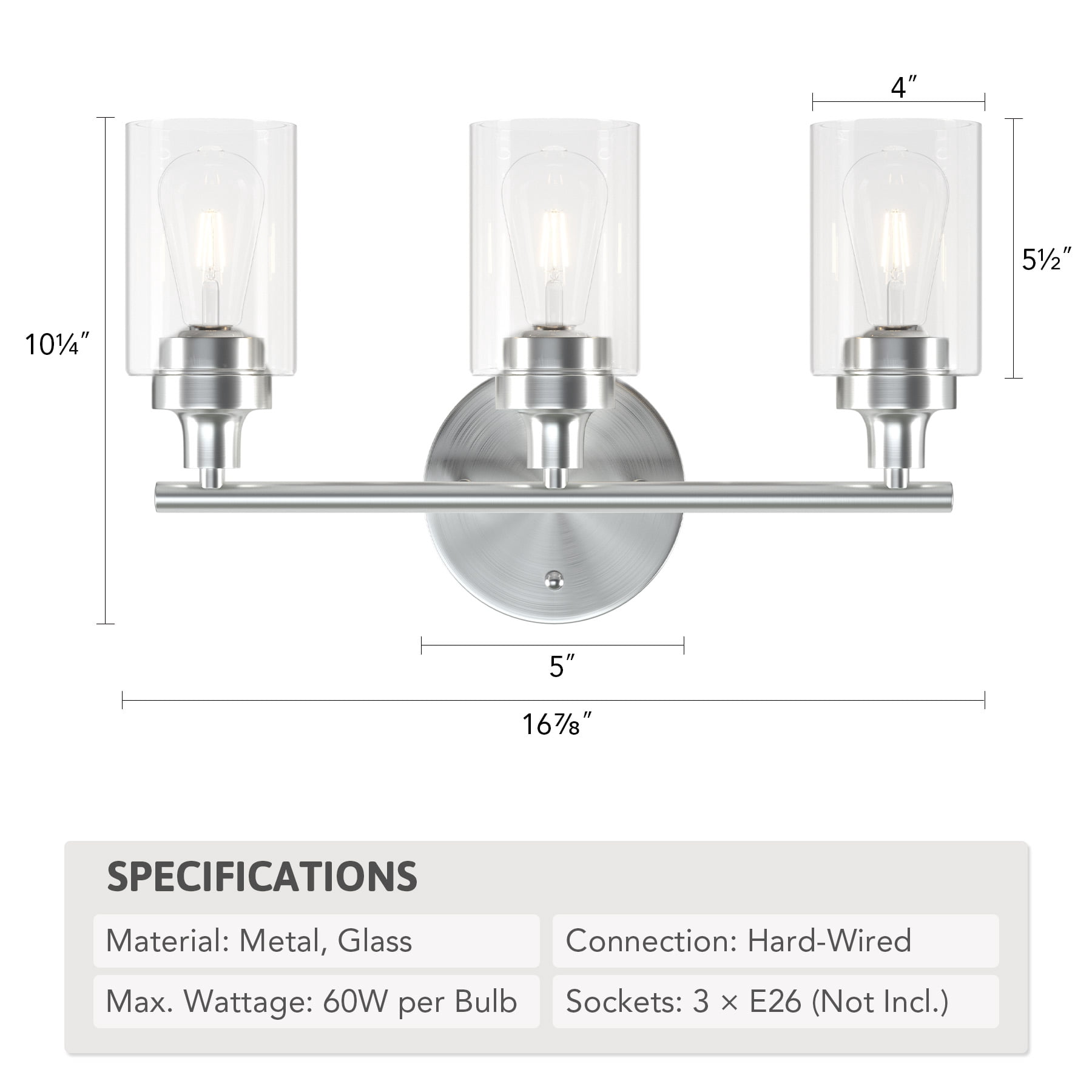 3 Light Wall Sconce Dimmable Vanity Light Fixture for Max 60W E26 Bulbs Nickel