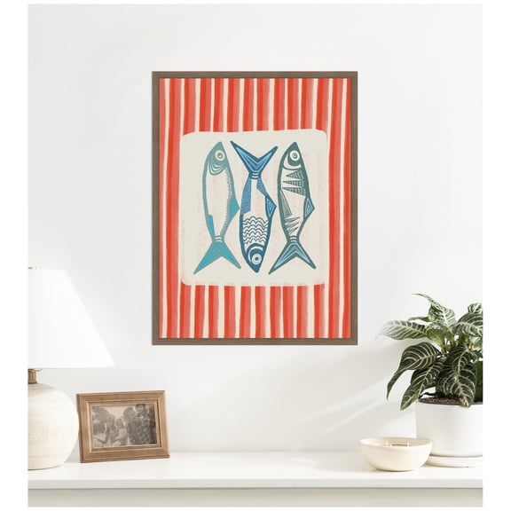 Kate and Laurel Framed Canvas Wall Art Print Sardine with Pink Stripes by Alicia Bock, 18 x 24 Sylvie Walnut Frame, Coastal, Animal Art for Wall Decor