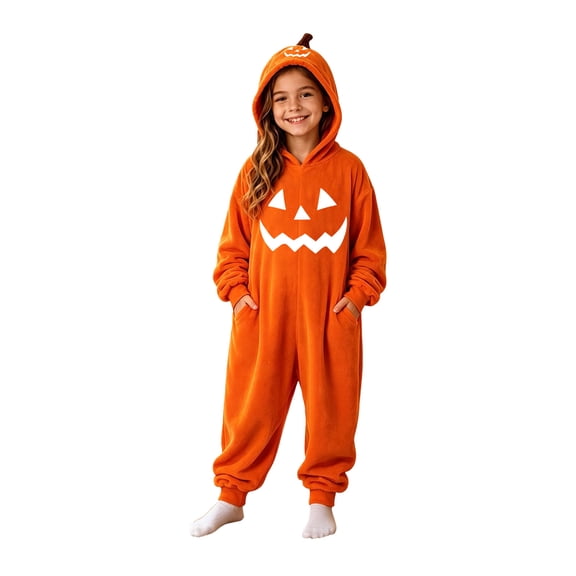 BOOMNY Halloween Toddler Girls Flannel Romper Hallowmas Pumpkin Face Graphic Long Sleeve Jumpsuits for Kids Soft Warm One Piece Fuzzy Rompers