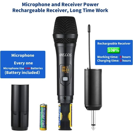 BELOS Wireless Microphone, UHF Cordless Dual Handheld Dynamic Mic System Set with Rechargeable Receiver, 165 ft Range, 6.35mm(1/4'') Plug, for Karaoke, Voice Amplifier, PA System, Singing Machine, DJ