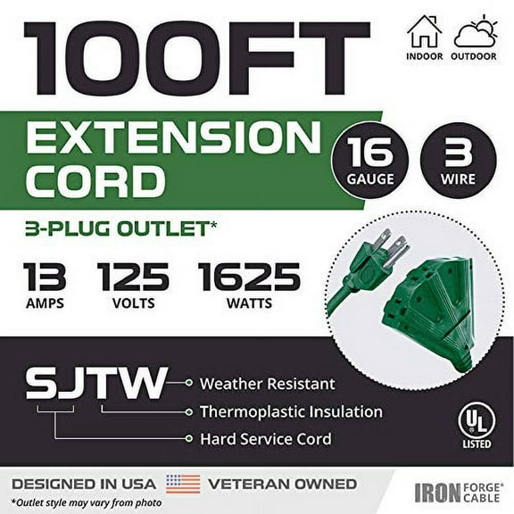 Iron Forge Cable 100ft Green Outdoor Extension Cord with 3 Outlets - 16/3 SJTW 100ft Extension Cord 3 Prong, 10 Amp All-Weather Heavy Duty Power Cable