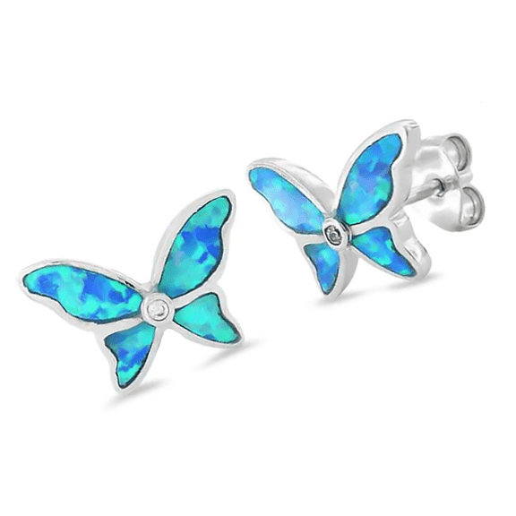 Unique Beautiful Hawaiian Blue Opal Butterfly Earring, Sterling Silver Blue Opal Butterfly CZ Stud Earring E8145 Valentine Birthday Mom Gift