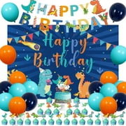 Navy Blue Dinosaur PriNst Birthday Party Decorations for Boys - Dinosaur Themed Birthday Party Supplies with Happy Birthday Banner Backdrop, Dinosaur Cake Topper & Cupcake Toppers, Foil Balloons
