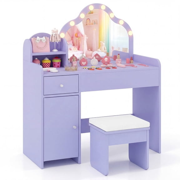 Furnibear Kids Vanity Desk with Mirror and Lights Princess Pretend Play Dressing Table and Chair Set for Bedroom, Purple