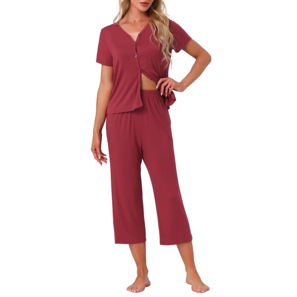Conjunto de lounge para mujeres INSPIRE CHIC, camiseta de manga corta, pantalones largos, pantalones capri con cuello en V, conjunto de pijama con botones y bolsillo, talla XS, rojo