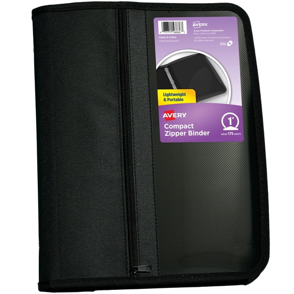 Avery Zipper Binder, 1", Black, Round Ring, Front Pocket, Lightweight, 175 Sheet Capacity, 1 Binder