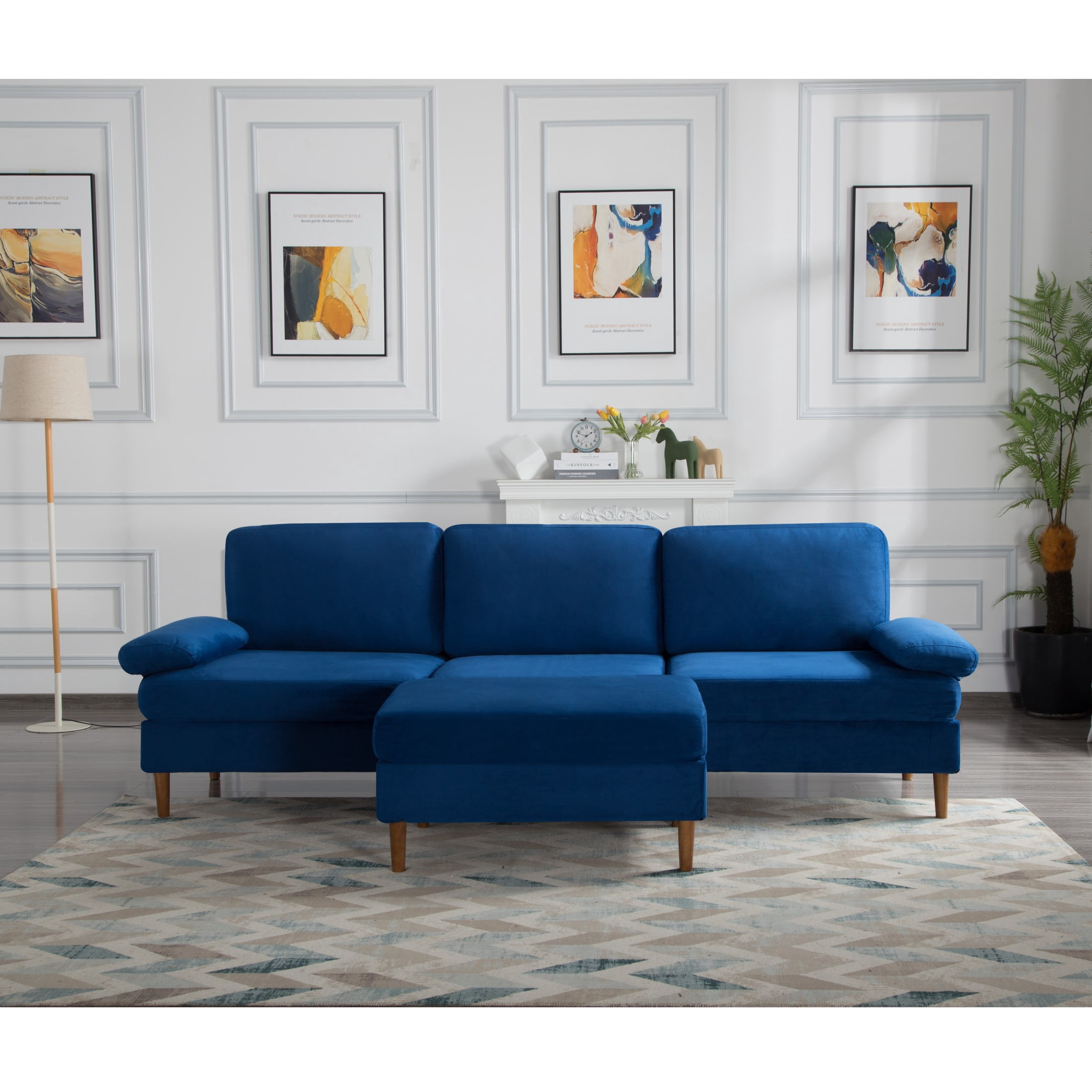 Gewnee 102.4'' Modern Convertible L-Shaped Sofa, 3-Seater with Movable Ottoman for Living Room & Apartments( Navy Blue)