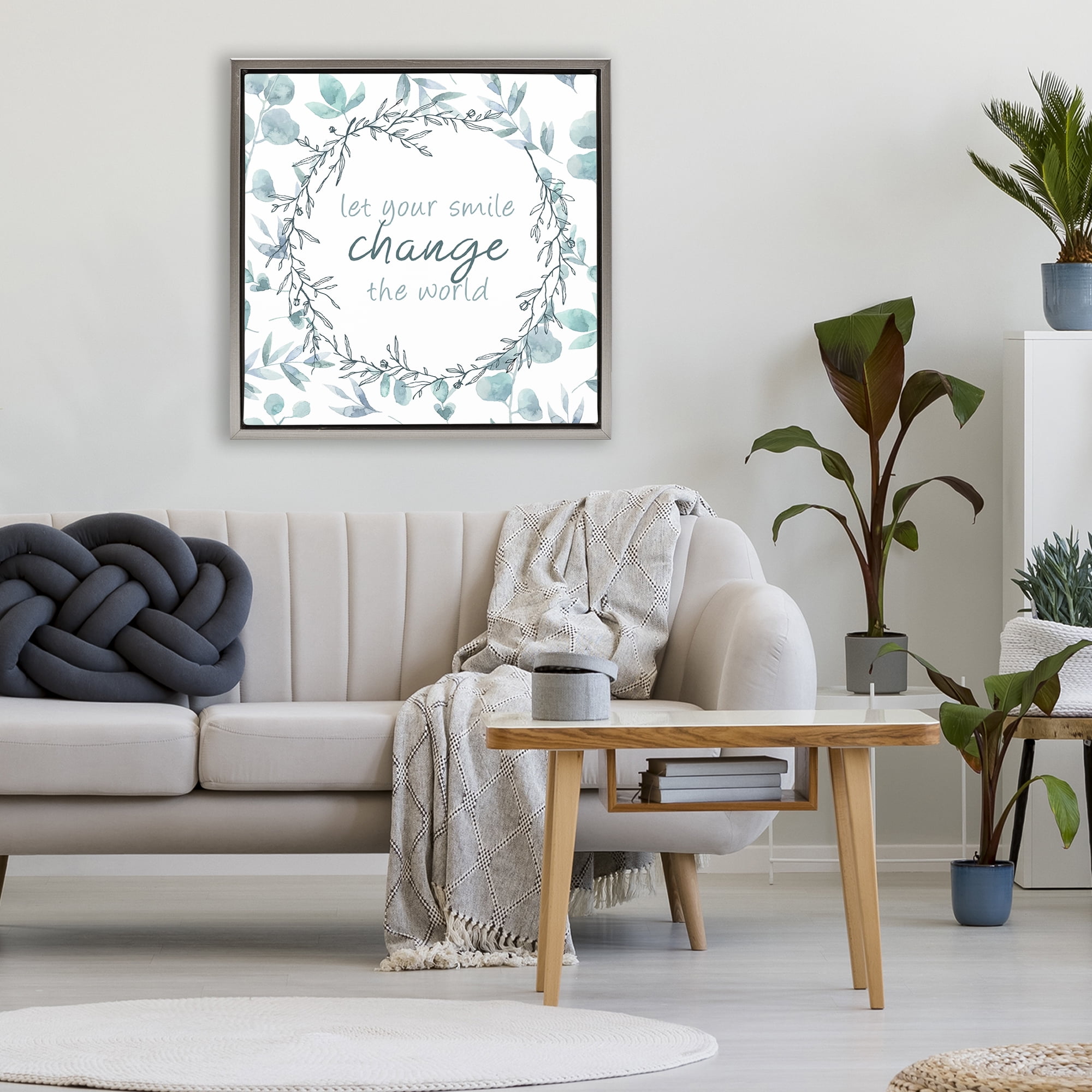 Stupell Industries Smile Change The World Gray Framed Floater Canvas Wall Art, design by Kim Allen