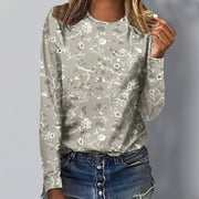 Leesechin Women's Young Womens Shirts Round Neck Loose Tops Casual Print T-Shirts Long Sleeve Blouse in Clearance
