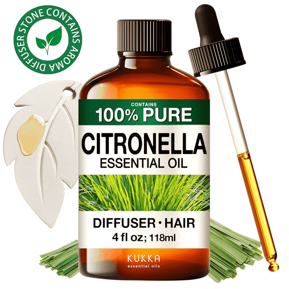 Kukka Citronella Essential Oil with Aromatherapy Stone - 100% Pure Citrusy Scent for Diffuser, DIY & Natural Cleaning - 4 fl oz
