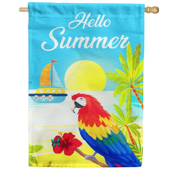 America Forever Hello Summer Macaw Paradise House Flag 28 x 40 inches Tropical Beach Parrot Bird Nautical Double Sided Seasonal Yard Outdoor Decorative Coastal House Flag