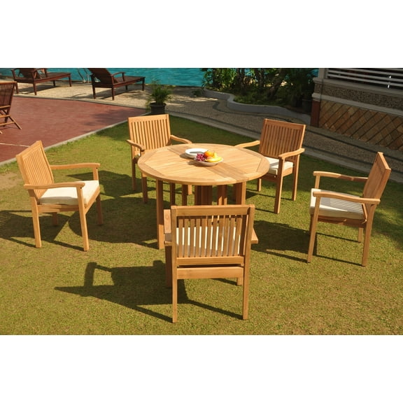 Grade-A Teak Dining Set: 5 Seater 6 Pc: 48" Round Butterfly Table And 5 Leveb Stacking Arm Chairs Outdoor Patio WholesaleTeak #WMDSWVm