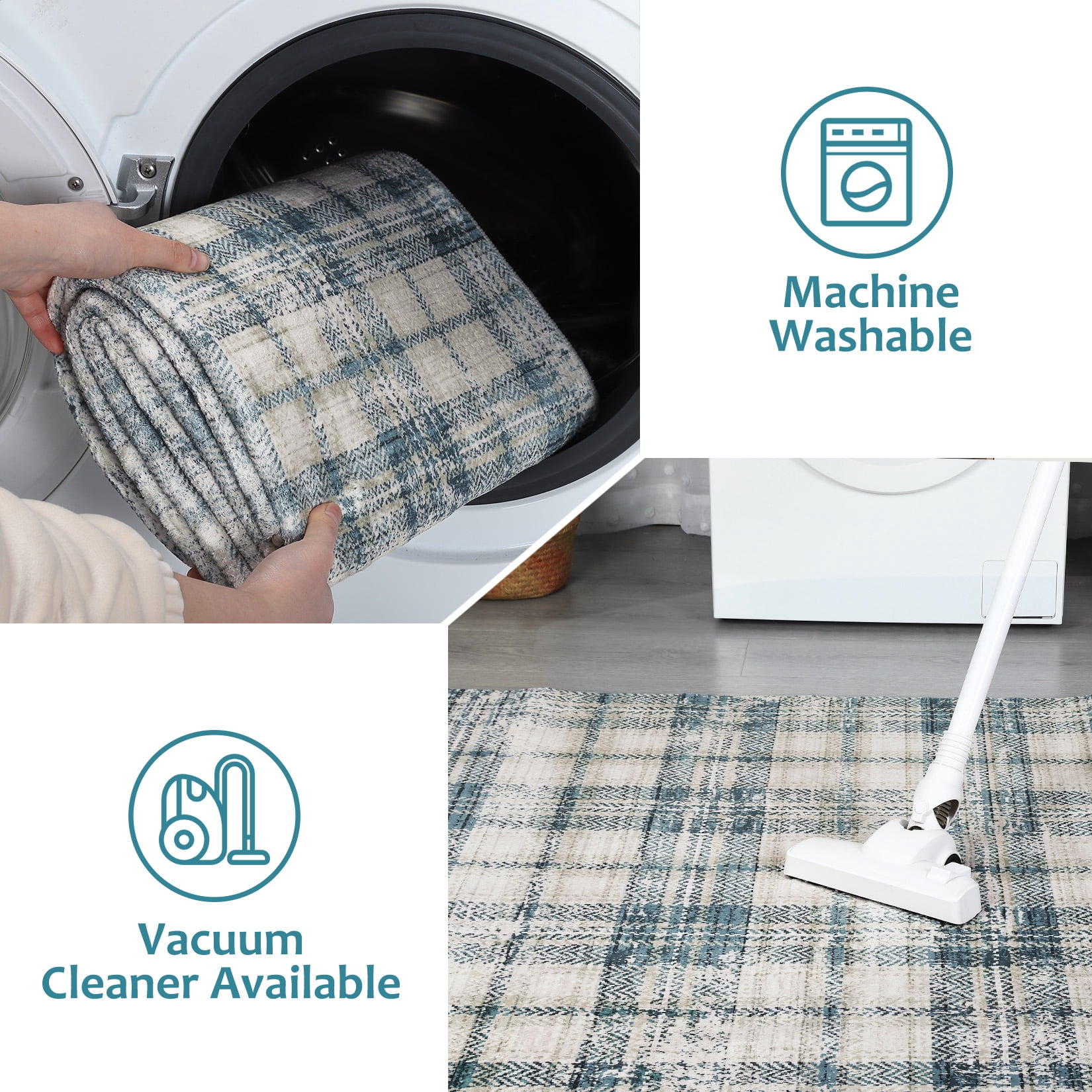 GlowSol 10'x13' Washable Area Rugs for Living Room Modern Farmhouse Plaid Rug Non-Slip Low Pile Large Rug Floor Cover, Beige/Blue
