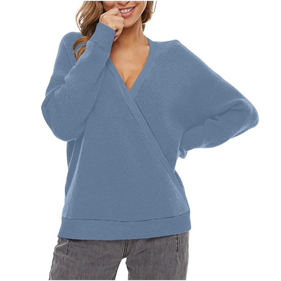 HuaLeiMao Women's Fall Winter Sweaters V Neck Long Sleeve Knitted Sweater Ladies Fashion Solid Color Cozy Casual Pullover Tops
