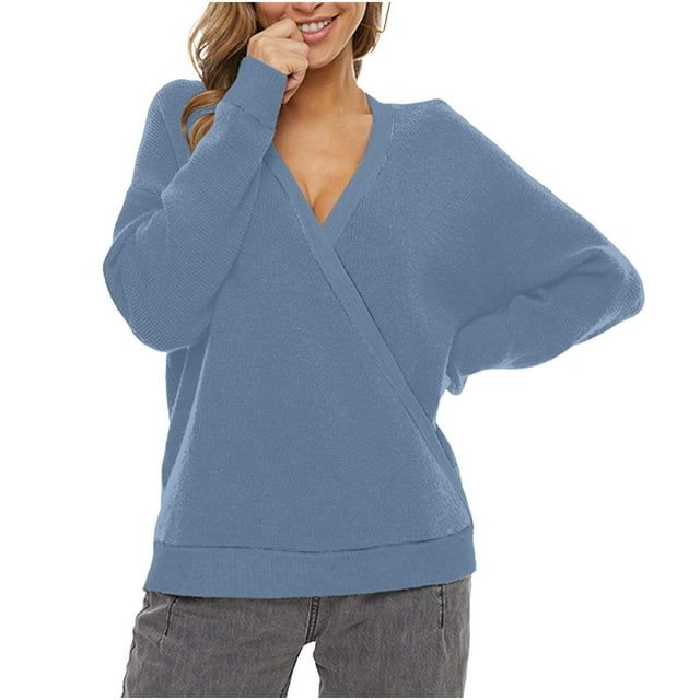 Yuyuzo Sweater Blouses Long Sleeve V Neck Pullover Patchwork Knit Tops Fall Winter Casual Solid Color Sweaters