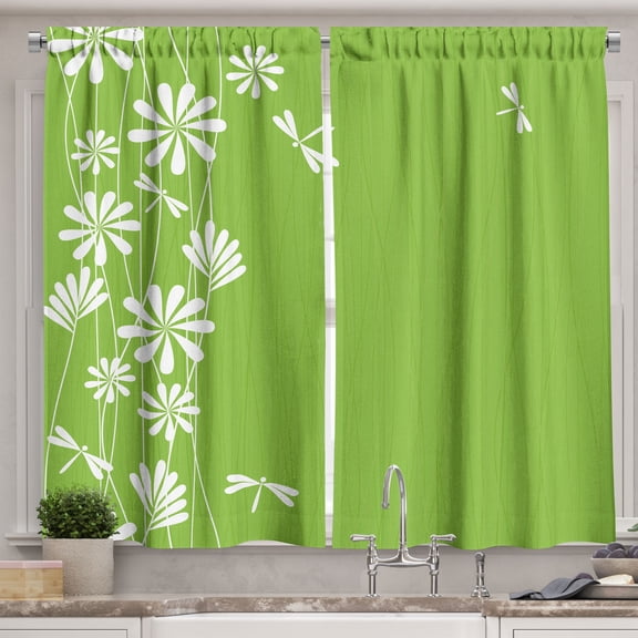 Ambesonne Dragonfly Kitchen Curtains, Spring Art, 55"x39", Lime Green White