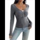 thumbnail image 2 of Camisa de Larga para Mujer, Cuello en V, Botones, Punto Acanalado, Corte Entallado, Informal, Básica, para y Otoño Flor Gris L, 2 of 9