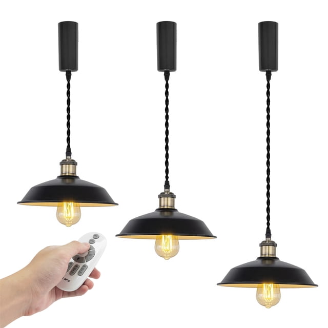 FSLiving Lampe Suspendue Réglable en Fil Longueur H avec Télécommande Métal Noir Suspension Industrielle Rétro Dimmable & Changement de Couleur & Minuterie pour Bar Évier de Cuisine - Ensemble de 3