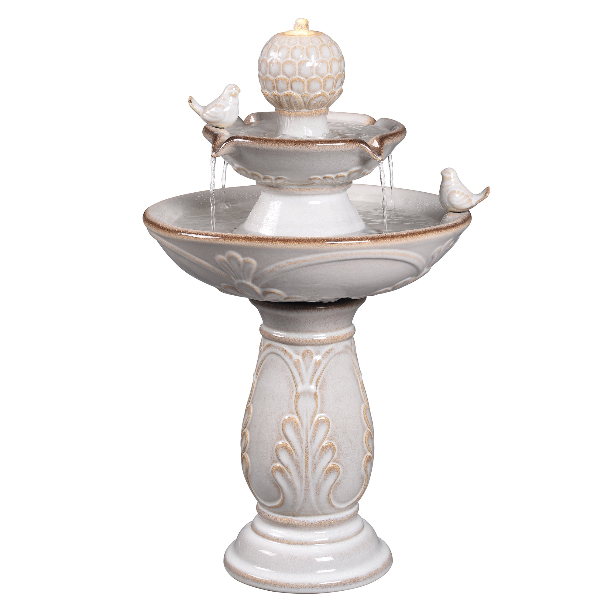 2-Tier Ivory Ceramic Bird Bath Fountain, Decorative Water Fountain with LED Lights and Quiet Pump, Indoor Outdoor Water Feature for Patio, Garden, Deck, Balcony