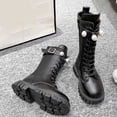 thumbnail image 6 of Girls' Buckle Strap Mid Calf Boots Solid Color Lace Up Leather for School Campus Wear Weekend Party Outfits 3-15 Years Black 9.5-10 Years, 6 of 9