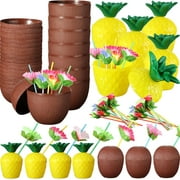36 Pcs Tropical Pineapple Coconut Cups Plastic Hawaii Party Cups with 36 Lids and Flower Straws Hawaiian Luau Bachelorette Party Supplies Beach Party Decorations for Kids Adults Favors