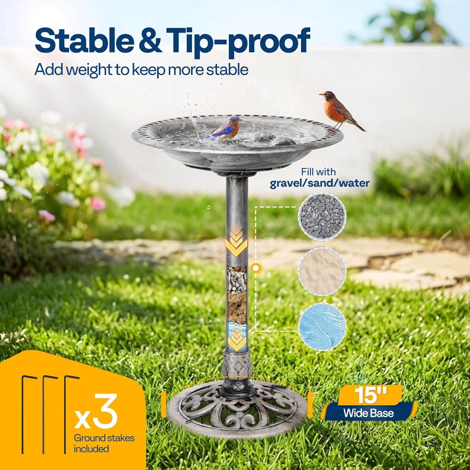 SPECSTAR Bird Bath, 28 inch Height Polyresin Lightweight Antique Outdoor Garden Birdbath Gray