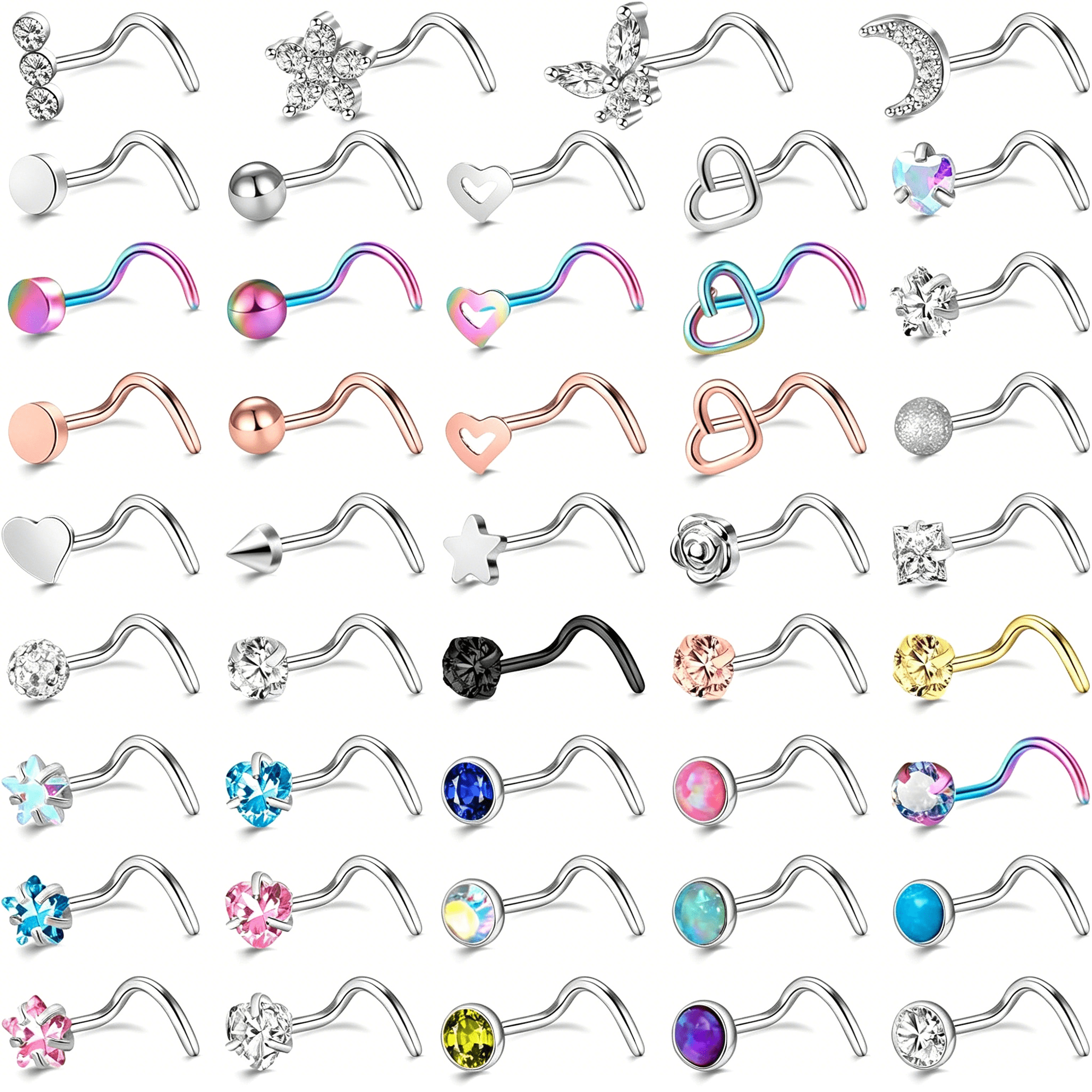 DESIGNICE 48Pcs 18G 20G Nose Rings Studs Nose Rings for Women Nose Piercings Jewelry Surgical Stainless Steel Nose Studs Moon Star Heart Butterfly Hypoallergenic Body Piercing Jewelry for Women Men