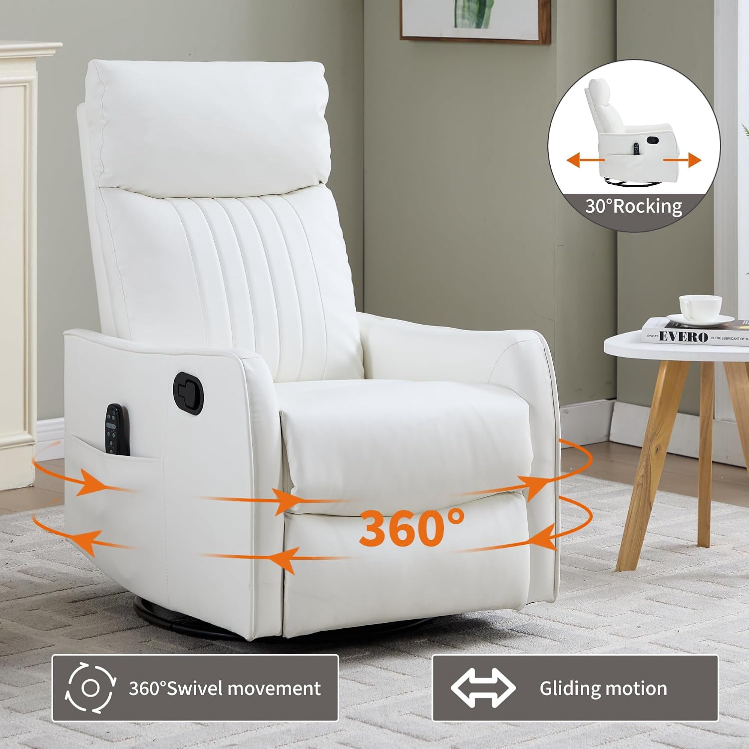 High Back Manual Recliner Chair with Heat & Massage, Swivel Rocker for Living Room Bedroom, White