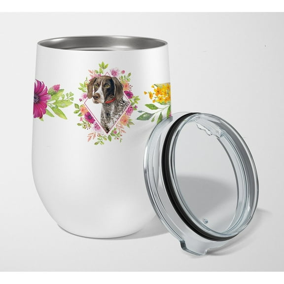 Carolines Treasures CK4157TBL12 German Shorthaired Pointer Pink Flowers Stainless Steel 12 oz Stemless Wine Glass 12 oz