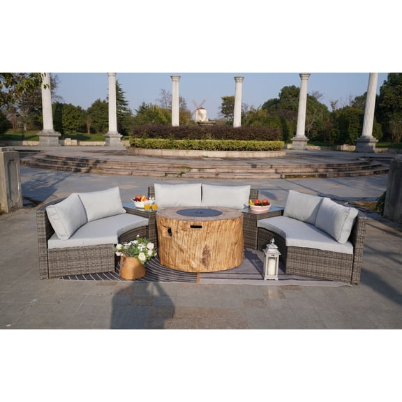 Abrihome 6-Piece Patio Gray Rattan Wicker Halfmoon Shape Sectional Sofa Set with Fire Pit Table