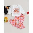 thumbnail image 2 of Liacowi Toddler Baby Girls Halloween Outfits Set Long Sleeve Letters Print Sweatshirt Pumpkin Print Flare Pants 6M 12M 18T 24T 3T 4T Kids 2Pcs Fall Halloween Clothes, 2 of 8