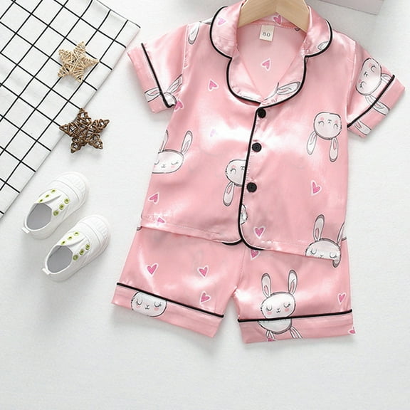 Delliss Kids Girls Rabbit Printed Pajama Sets Summer Short Sleeve With Shorts Sleepwear Button Down Pajama