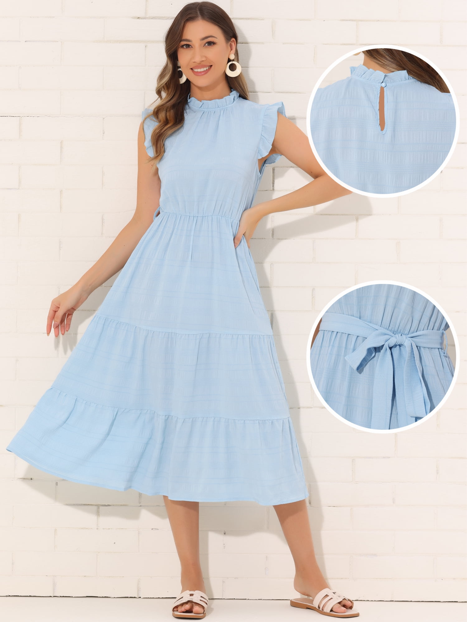DARING DIVA Midi Ruffled Sleeve Mock Neck Casual Dress M Blue