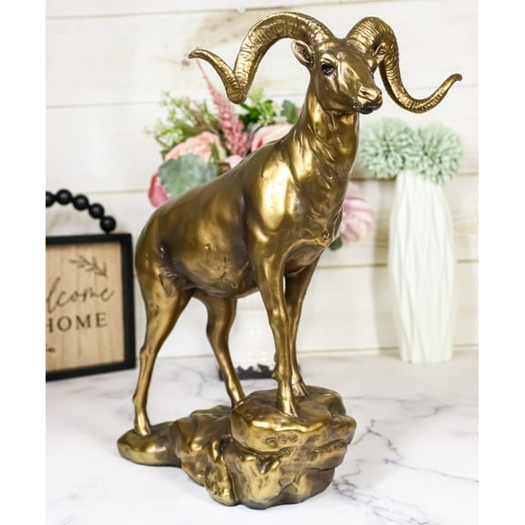 Large Country Wildlife Bighorn Sheep Ram Climbing On Rock Statue In Gold Patina