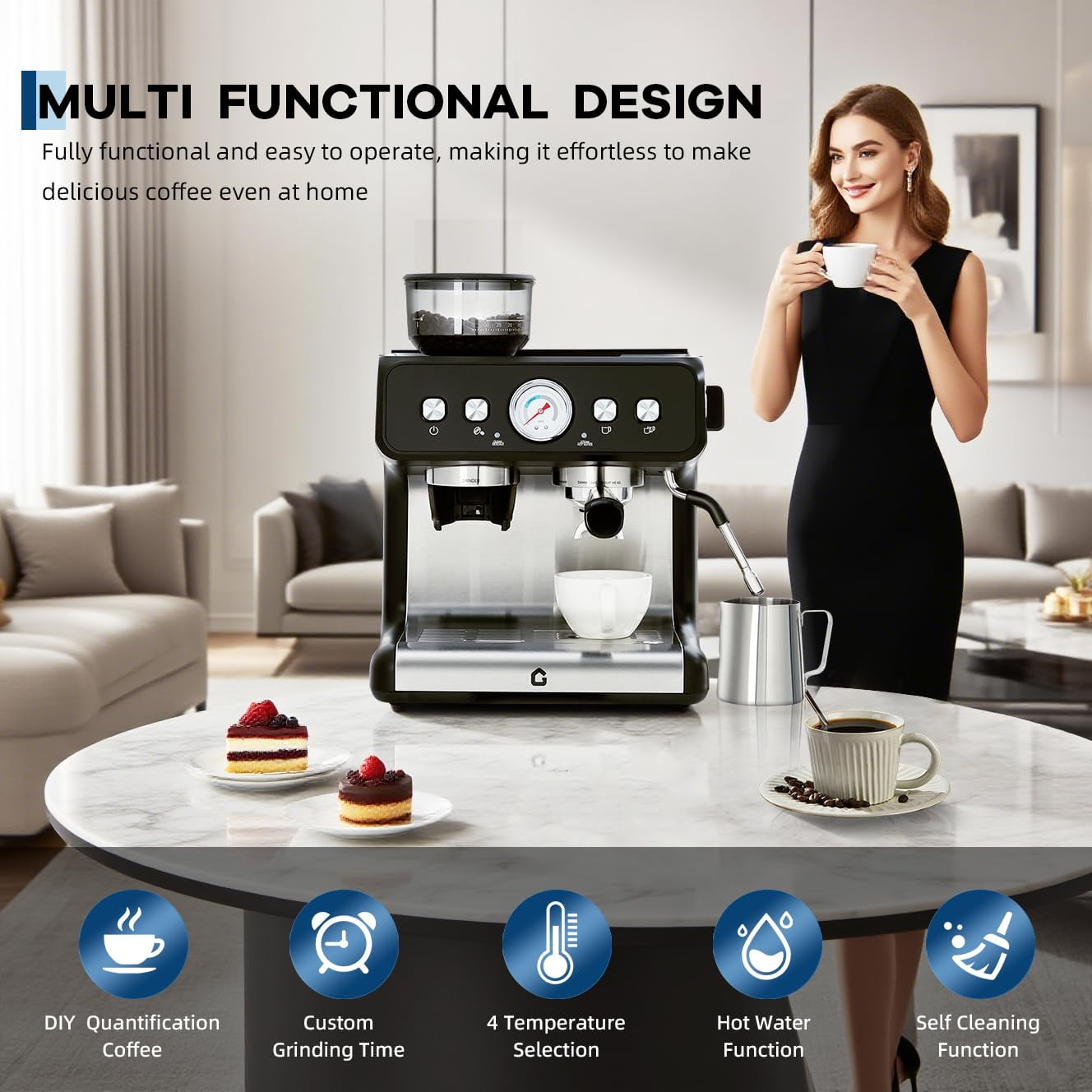 Juiluna 20 Bar Pressure Stainless Steel Espresso Machine with Grinder, 2.8L Removable Water Tank, Milk Frother Steam Wand for Latte/Cappuccino - Adjustable Shot Volume, Professional Home/Office Use