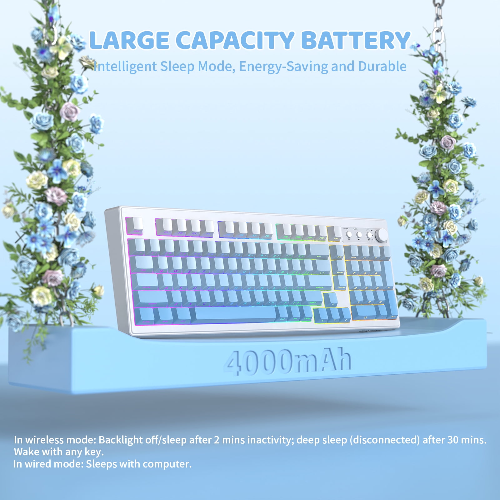 Freewolf-ZIYOULANG K100 99 Keys Gaming Membrane Wireless Tri-Mode BT/2.4GHz/USB-C Computer Keyboard with Media Knob & Side Printed Keys, Blue