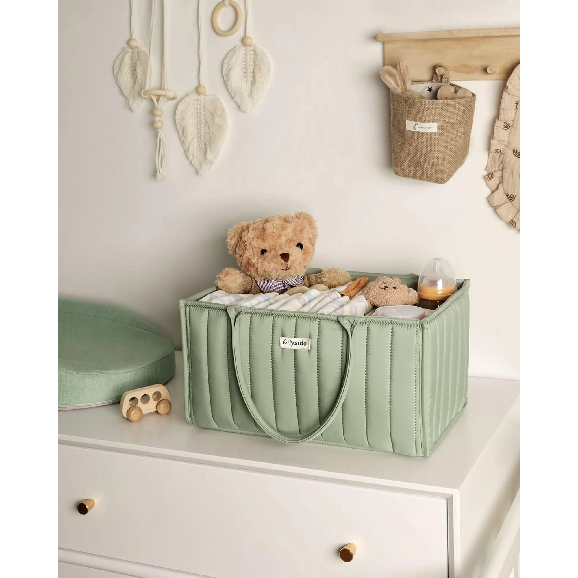 Gilysido Portable Cotton Diaper Caddy Organizer for Nursery, Baby Basket, Newborn Diaper Caddy in Green