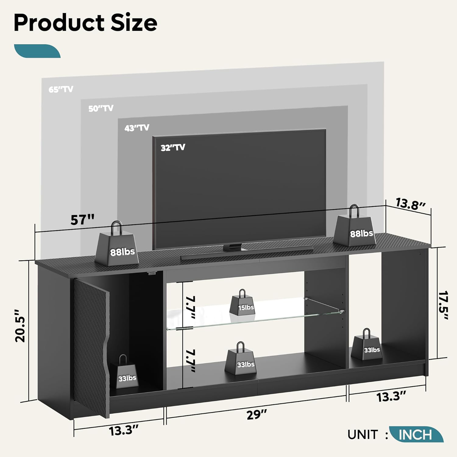 Bestier LED TV Stand for 65" TV, Black Carbon Fiber photo 2