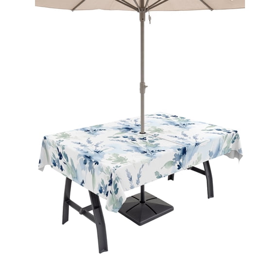 Outdoor Tablecloth with Umbrella Hole for Patio/Picnic/Party/Camping, Country Floral Waterproof Table Cloth Rectangle Table Cover Washable, Spring Watercolor Botanical Flowers Blue Green (52"x 70")