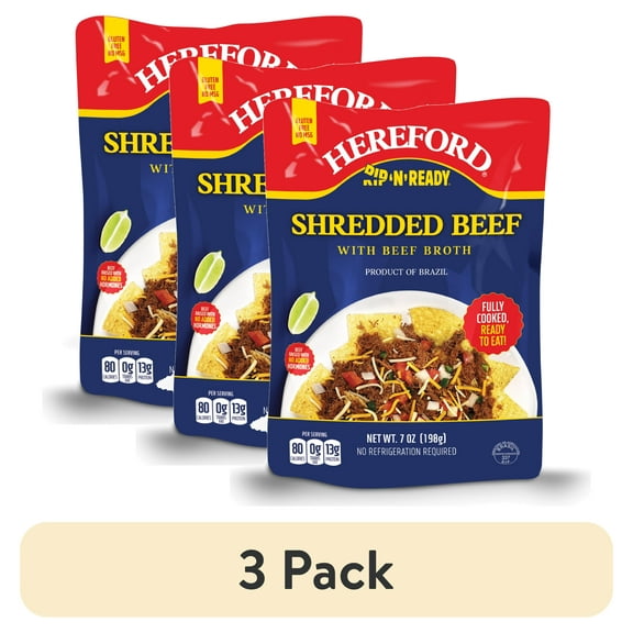 (3 pack) Hereford Fully Cooked Shredded Beef with Beef Broth, 7 oz (Shelf Stable)