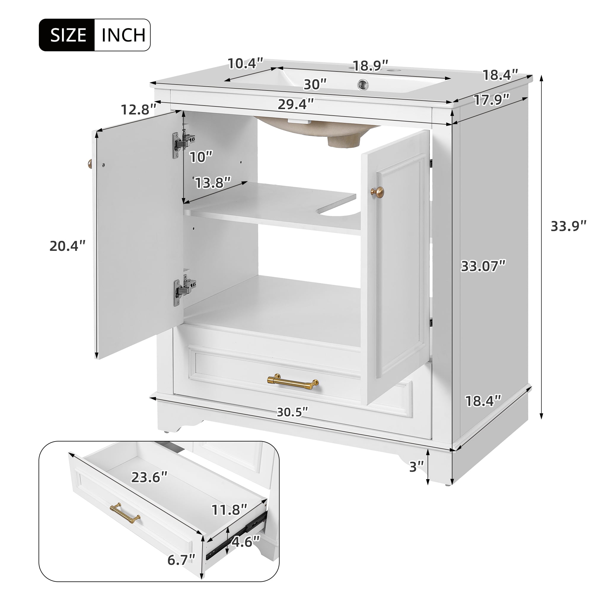 Euroco 30" Luxurious Bathroom Vanity with Ceramic Sink, Bathroom Vanities Cabinet with 2 large Soft Closing Doors, Solid Wood Frame Bathroom Storage Cabinet