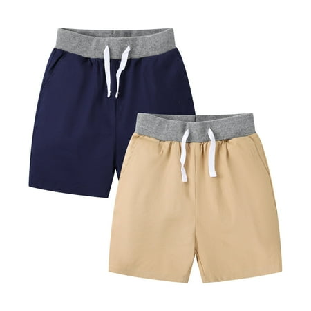 HILEELANG Toddler Boys'Shorts 2-Pack Chino Short Summer Cotton Casual Pants with Pockets Khaki Navy Blue 2T