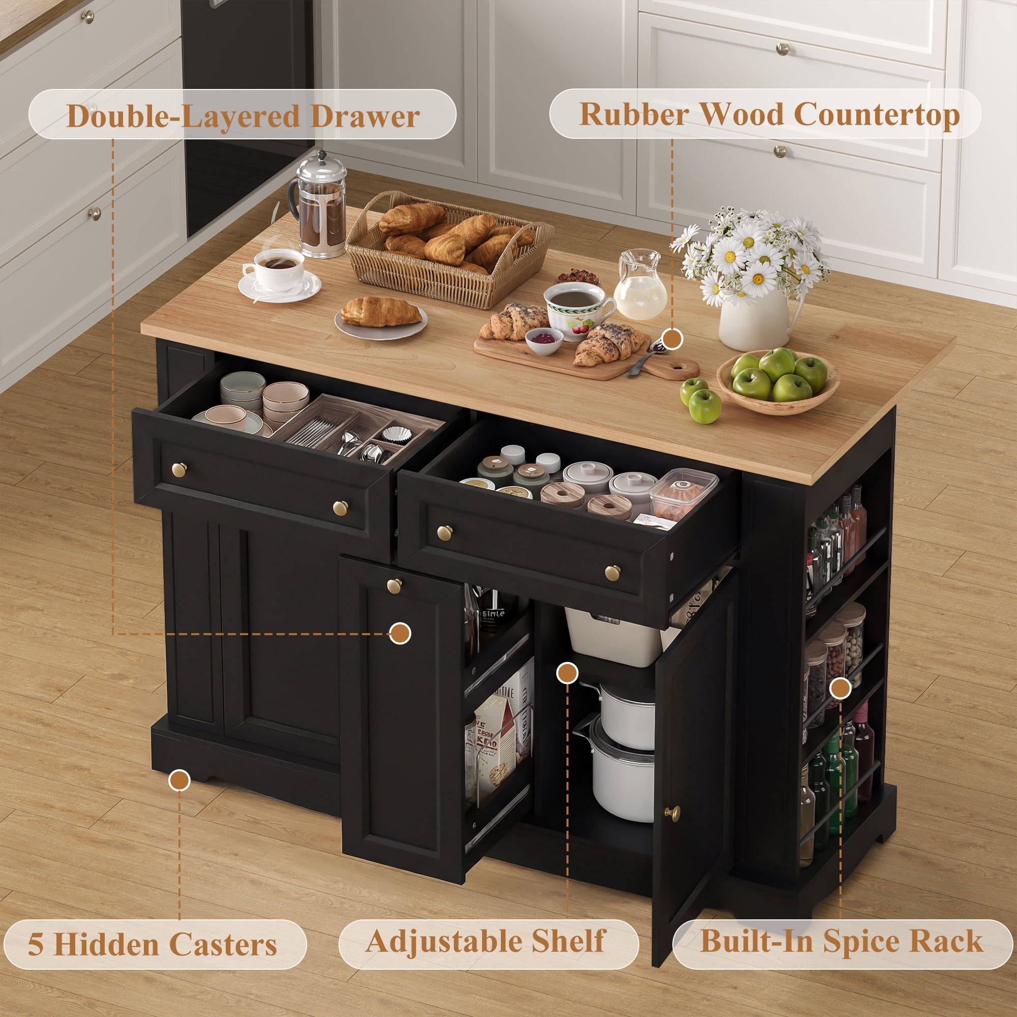 Homfa Mobile Kitchen Island with Rubberwood Countertop, 3 Drawer 2 Door Kitchen Cart with Drop Leaf and Casters for Kitchen Dining Room, Black