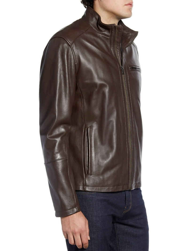 Cole Haan Men's Stand Collar Genuine Leather Jacket (Java, L