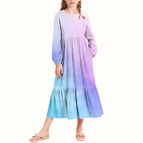 UQJfacai Girls Ruffle Maxi Dress Tie Dye Long Sleeve Crewneck Casual Flowy Tiered Dress with Pockets Party Holiday Outfits 4-15 Years