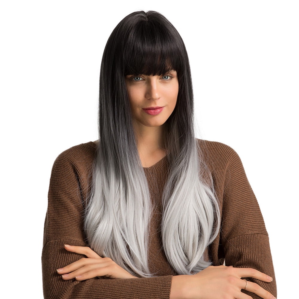 Grey Ombre Wig 2 Tones Long Natural Straight Synthetic Wig Silver