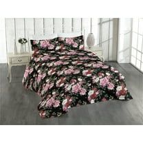 Ambesonne Valentine Quilted Bedspread Set 3 Pcs, Roses on Dark Back Art, King, Mauve Taupe and Fern Green