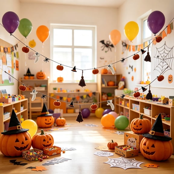 72 Inch Halloween Hanging Garland,Ghost Pumpkin Witch Hat & Broom Decorative Banner,No-Assembly Indoor Fireplace Mantel Wall Decor for Halloween Party Home Decoration