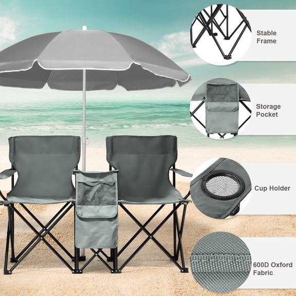 2-in-1 Folding Chair with Cooler & Removable Sun Umbrella, Double Camping Beach Chair for Picnic, Fishing, Outdoor Concert, Portable Seat with Storage