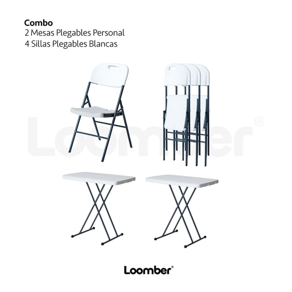 Mesa Plegable Blanca Ajustable Paquete 2 piezas + 4 Sillas Plegables Blancas LOOMBER